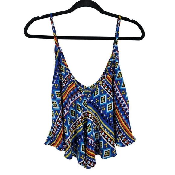 Y2K Crop Top L Blue Aztec Bandana Colorful‎ Flowy Lightweight Sexy Festival USA - Picture 1 of 11